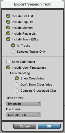 Pro Tools Export Dialog